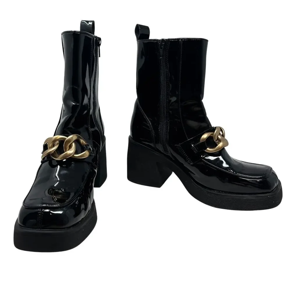 Steve Madden Bloom Platform‎ Boot Loafer Chunky Patent Leather Black Size 8.5